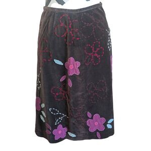 Boden Brown Velvet Floral Appliqué Midi Skirt Size 10R Embroidered Cottagecore